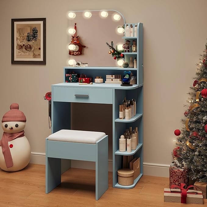 wanan Makeup Vanity with Chair, Small Vanity Desk with Mirror and Lights 3 Colors, Girls Vanity Set with Power Outlet, Compact Vanity Table for Small Space, Sky Blue