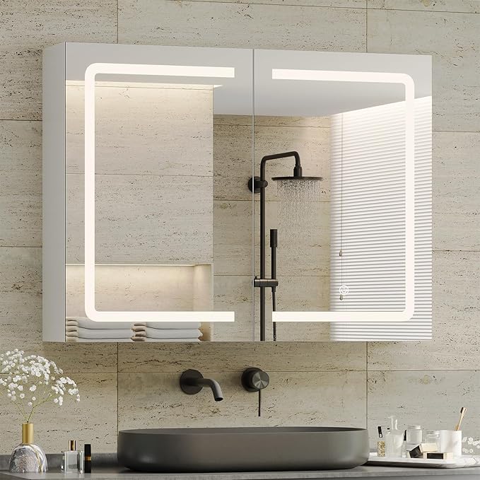 DICTAC Medicine Cabinet with Mirrors and Storage 31.5''x23.6'' Wall Mounted Bathroom Mirror Cabinets with Led Lights Double Doors Mirror Lighted Medicine Cabinets with Adjustable Storage Shelf,White