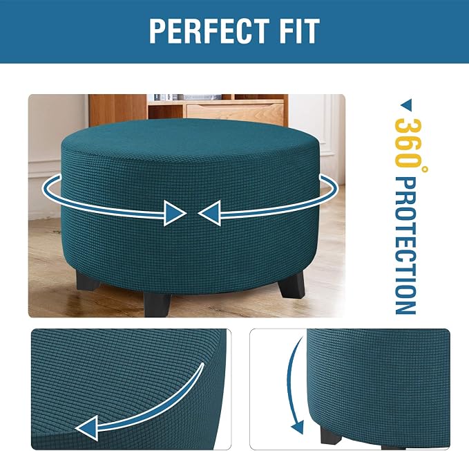 H.VERSAILTEX Ottoman Cover Stretch Ottoman Slipcover Round Ottoman Storage Cover Folding Stool Covers Furniture Protector Cover for Footrest Ottoman Fit Dia 30" - 41", Deep Teal