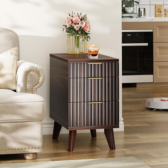 Kalrin Charging Nightstand with Hidden Outlets & 3 Drawers, Modern End Table, Bedside Table with USB Ports, Wave Groove Design, Compact Size, Heavy Duty Engineered Wood, Vintage Brown