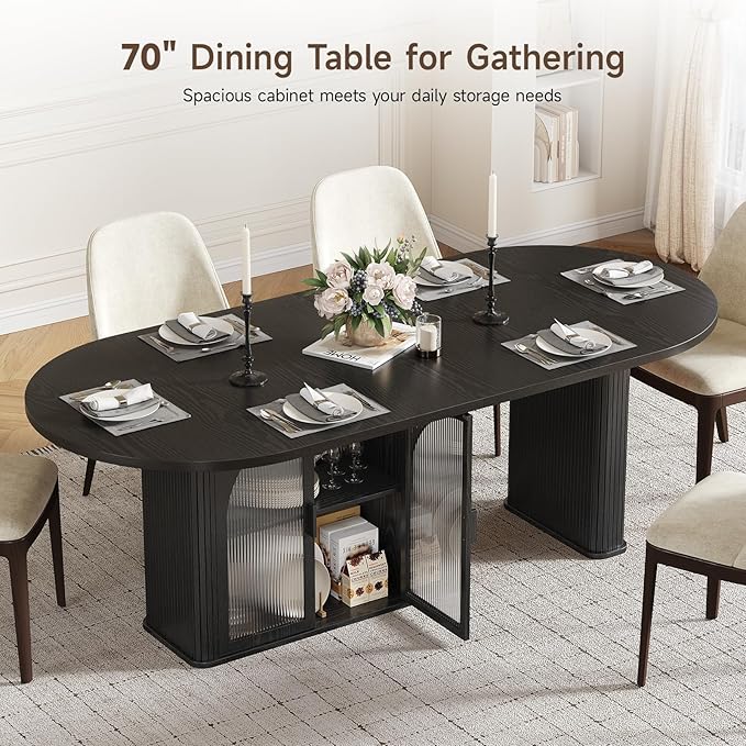 ONBRILL 70 Inch Oval Dining Table for 6-8, Modern Dining Room Table with 2-Tier Storage Space, Wood Kitchen Table with LED Light, Dinner Table with Heavy Duty Legs, Black