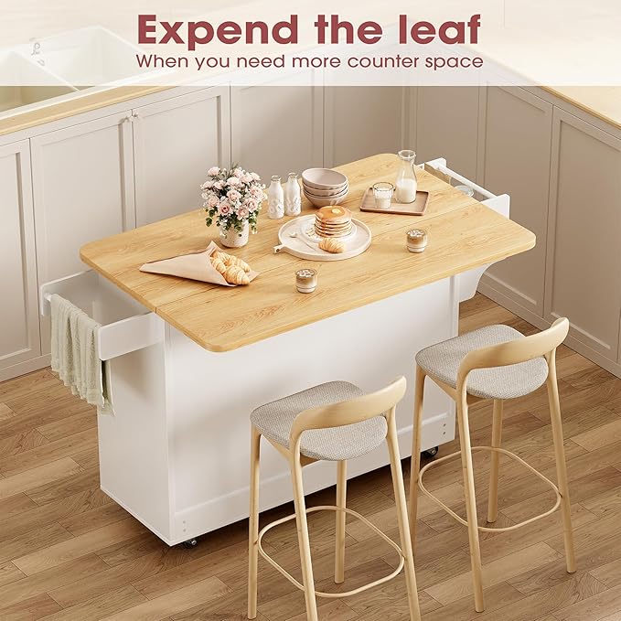 GRUSIGN Kitchen Island with Storage, 41.7" Rolling Cart with Drop Leaf, Portable Island Table on Wheels, Spice Rack, Towel Rack and Drawer, White, 41.7" L x 29.5" W