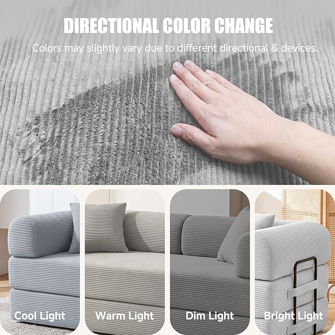 79" Compressed Sofa, Convertible Sofa Bed, Corduroy Compression Boneless Couch with Pillow, Comfy Modular Foldable Floor Sleeper Sofa for Bedroom, Living Room, Lounge, Studio (Light Gray)