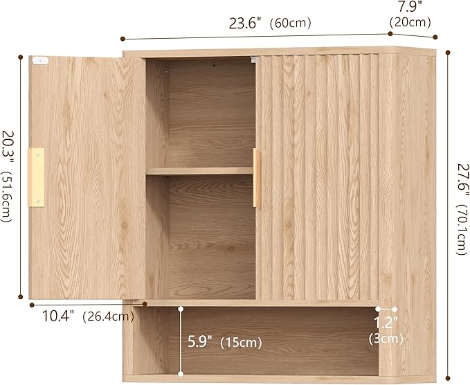 27.6"H Bathroom Wall Storage Cabinet with 2 Fluted Doors, Modern Medicine Cabinet with Adjustable Shelf, Curved Over the Toilet Storage Cabinet for Laundry Room, Kitchen & Living Room, Natural Oak