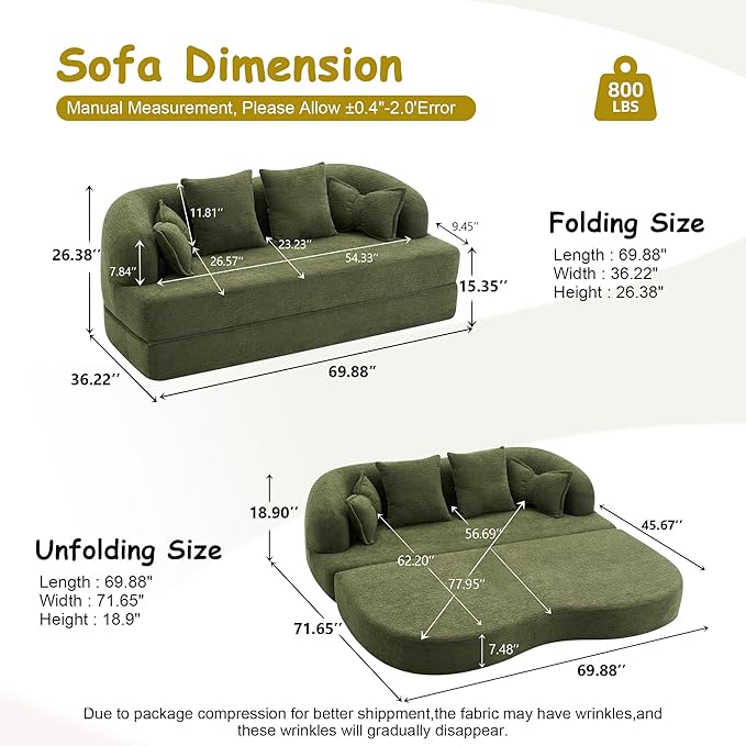 70" Convertible Sofa Bed, 2-in-1 Boneless Sleeper Sofa, Soft Chenille Folding Sofa Loveseat with 4 Pillows, Love Seat Small Couch for Small Spaces, Living Room, Bedroom, No Assembly