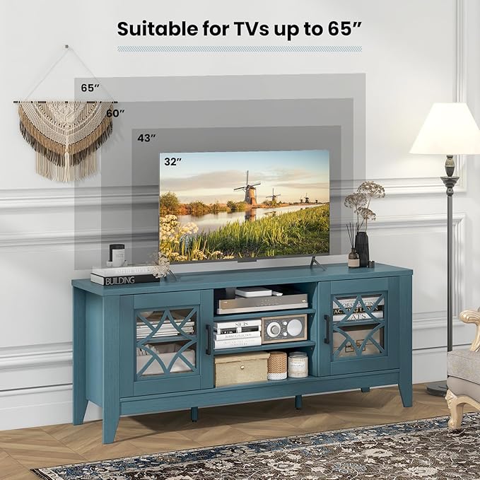 Giantex Farmhouse TV Stand for TVs up to 65", Entertainment Center with 4 Adjustable Storage Shelves & Tempered Glass Doors, Modern TV Console Table for Bedroom, Living Room (Teal Blue)