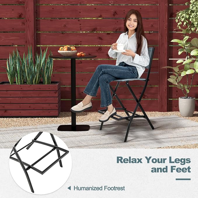 Giantex Folding Patio Bar Chairs Set of 2, Outdoor Counter Height Bar Stools with Footrest & Back, All-Weather Resistant, Metal Frame, for Porch Deck Lawn Garden, Light Blue