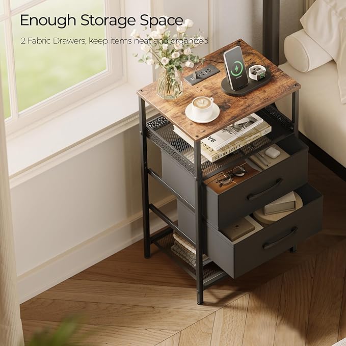 JARHETUN Nightstand Set of 2, Night Stands with Charging Station, 26.4 Inch Tall Bedside Table with Metal Shelf, Side Table with 2 Fabirc Drawers for Bedroom, Rustic Brown