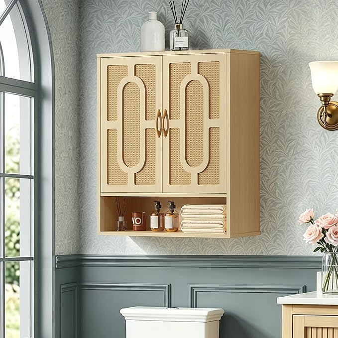 VECELO Rattan Bathroom Wall Cabinet, Medicine Cabinets with Adjustable Shelves, Wall Mounted Above Toilet Storage Organizer for Bathroom, Kitchen, Entryway