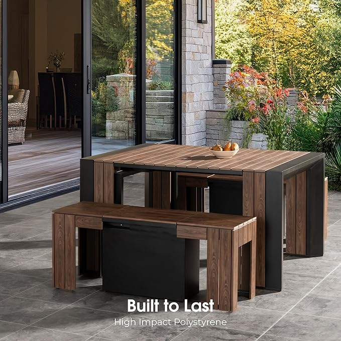 Transformer Table - Extendable Outdoor Dining Set up to 12, Expandable Patio Table, Weather-Resistant Patio Furniture, Outdoor Furniture, Dark Walnut, Brown (Table + 2 Benches)