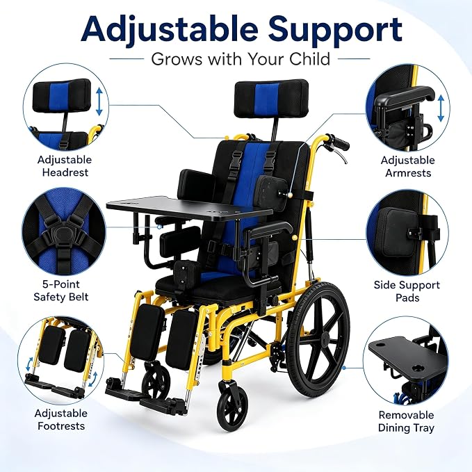 Pediatric Full Reclining Wheelchair - Heavy Duty 220 lbs Capacity Folding Kids Wheelchair with Elevating Footrest, Headrest & Meal Tray, Portable Mobility Aid for Children with Special Needs (Yellow)