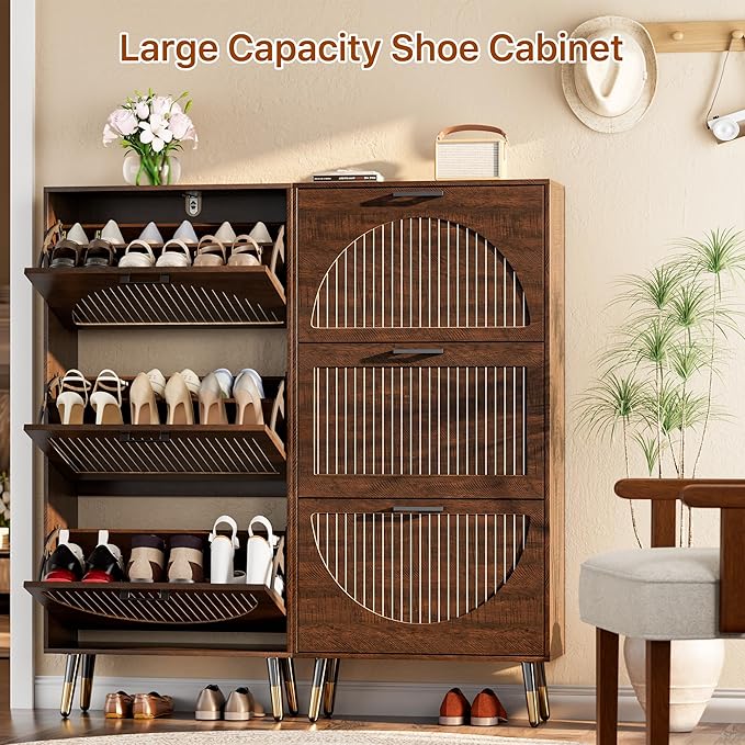 Farmhouse Shoe Cabinet Storage for Entryway, Slim Shoe Rack Cabinet with 3 Flip Drawers, Narrow Shoe Organizer Cabinet with Stylish Round Panel, Metal Leg and Handle