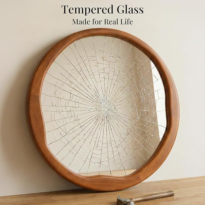 Walnut Round Mirror 24 Inch, Solid Wood Framed Bathroom Vanity Mirror with Wavy Inner Edge, Retro Mid-Century Wall Decor for Bedroom & Entryway