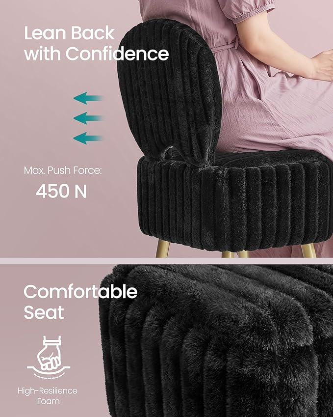 SONGMICS Small Vanity Chair with Storage and Folding Back, Vanity Stool, Footrest Footstool Ottoman, Dressing Table Stool, Furry Padded Seat, for Makeup Room, Bedroom, Ink Black ULOM532BH01