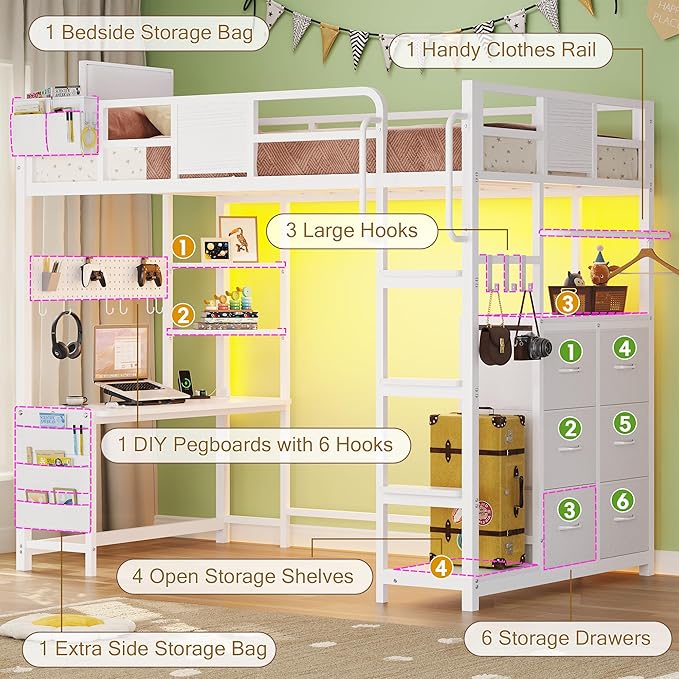 BYSAUD Loft Bed with Desk, Loft Bed Twin Size with 6 Storage Drawers & 4 Storage Shelves,Twin Loft Beds with LED Lights & Charging Station, Bunk Bed with Safety Guard, No Box Spring Needed, White