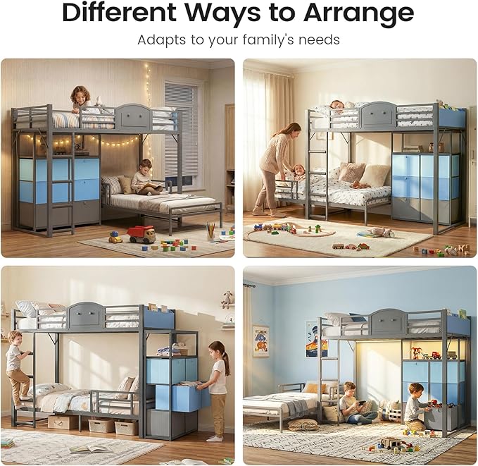 AOGLLATI Bunk Bed Twin Over Twin with 6 Storage Drawers for Kids Teens,Metal Led Loft Bed with Bedside Storage,Safety Guardrails for Small Space, No Box Spring Needed, Grey