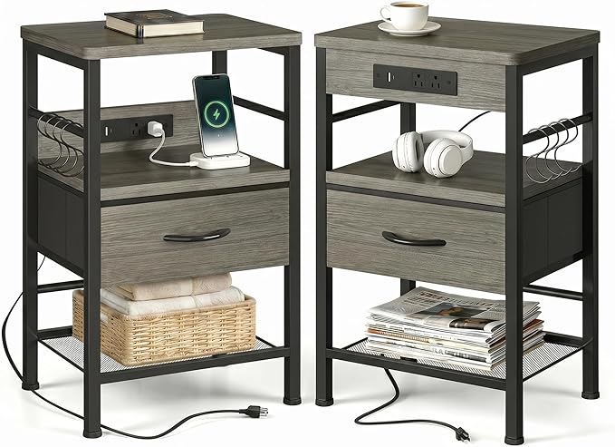 Lazzanto Nightstands Set of 2 with Charging Station, Bedside Tables with Open Shelf & Hooks, End Tables with USB-C USB-A Ports AC Outlets, Night Stand for Bedroom with Fabric Drawer, Grey