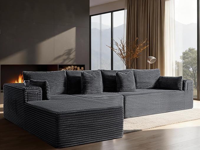 138" Oversized Cloud Sectional Couch, Comfort L Shaped Boneless Couch for Living Room, Extra Deep Seats No Assembly, Minimalist Modular Sofa, Corduroy (Dark Grey, 3 Seater+Left Facing Chaise)