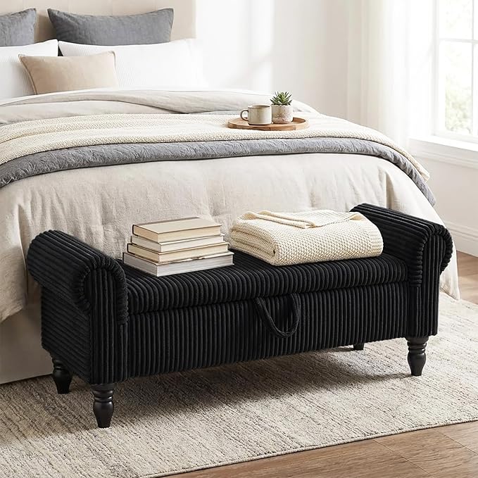 Storage Bedroom Bench for End of Bed, Storage Ottoman with Rolled Arms for Bedroom, Living Room, Entryway (Black)