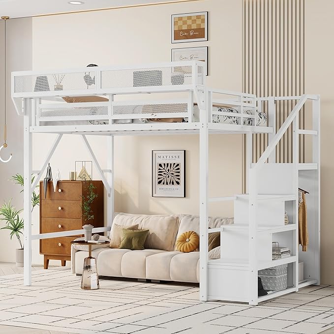 KEIKI Full Size Metal Loft Bed Frame with Convertible Staircase, Built-in Storage Shelves and Wardrobe, Loft Bed with Solid Slats, Guardrail, No Box Spring Required, Easy Assembly, for Bedroom, White