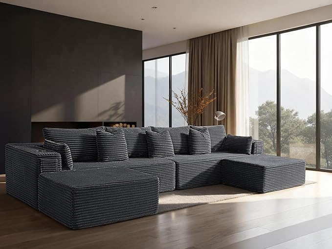 138" Cloud Sectional Couch, Comfort U Shaped Sofa for Living Room, Extra Deep Seats No Assembly, Minimalist Modular Couch, Corduroy (Dark Grey, 6 Seats,U-Shape A)