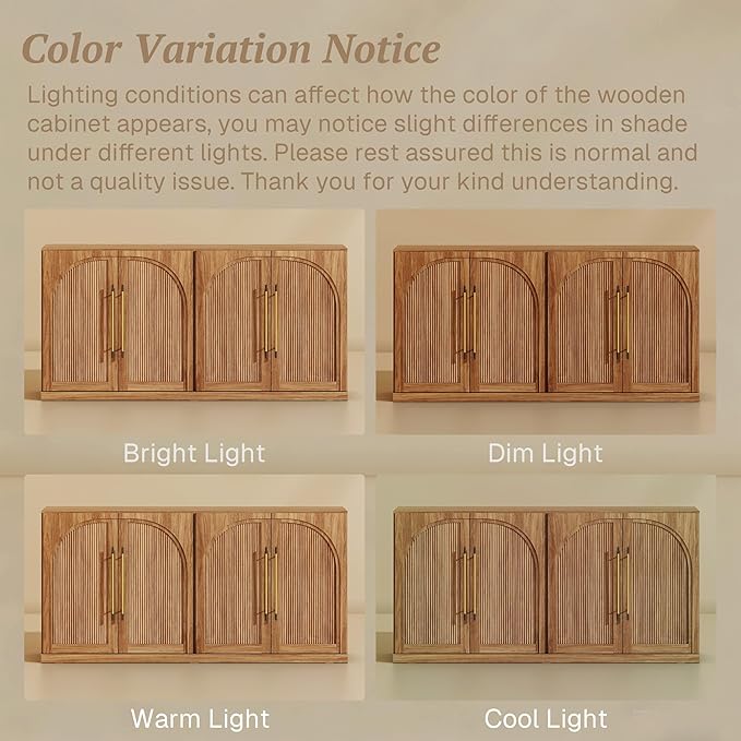 BELLEZE Set of 2 65" Sideboard Cabinet with Double-Arc Wood Doors, Large Buffet Cabinet with Storage and Adjustable Shelves, Classic Modern Console Table for Dining Room Living Room Entryway (Camel)