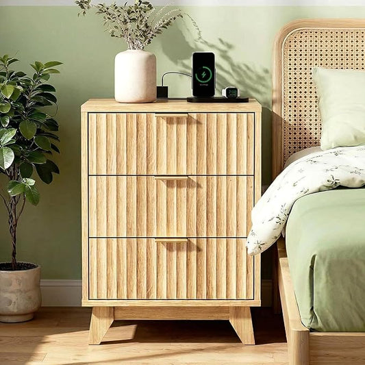 VINGLI Fluted Nightstand with Charging Station, 3 Drawer Nightstand Oak Modern Night Stand for Bedroom, Fluted Bedside Table/End Table/Side Table, 17.72" W*13.78" D*23.62" H, 1 pc