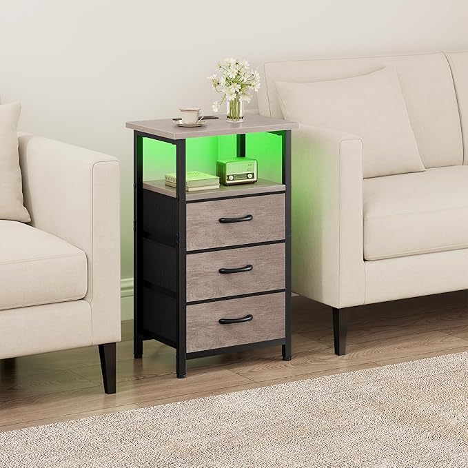 Vagusicc Night Stand Set 2 with Charging Station, LED Nightstand for Bedroom, Bedside Table with 3 Fabric Drawers, End Table Side Table with USB Ports & Outlets, Bed Side Table for Bedroom, Greige