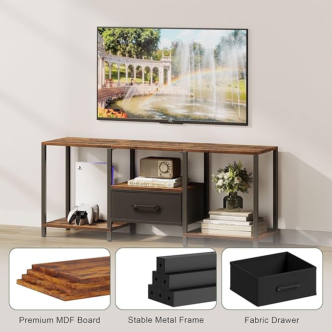 JARHETUN TV Stand with Fabric Drawer for 55 Inch TV, Entertainment Center with Open Shelves, Media TV Console Table for Living Room, Bedroom, Rustic Brown