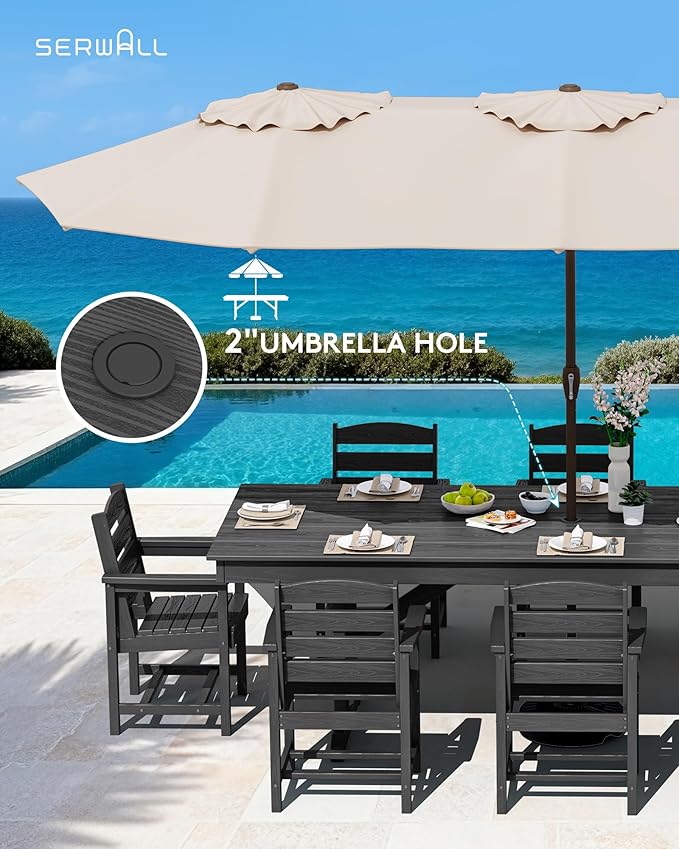 SERWALL 9 Piece Outdoor Dining Set, 84" HDPE Outdoor Table and Chairs for 8，All Weather Patio Dining Furniture Set with Umbrella Hole for Backyard, Garden, Black
