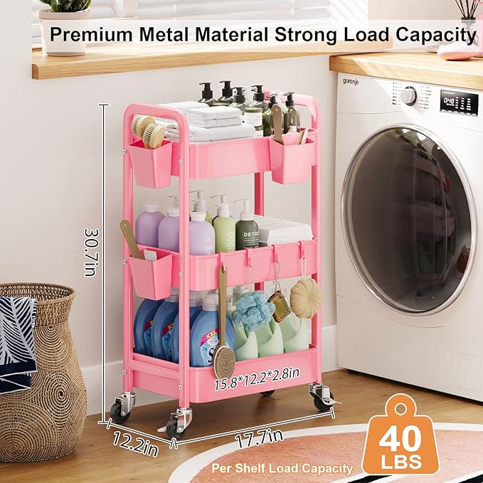 3 Tier Pink Rolling Cart with Lockable Wheels, Metal Utility Carts Organizer on Wheels for Kitchen, Nursery, Snack, Bedside Cart for Baby Essentials, Easy Assemble Mobile Storage Roller Trolley