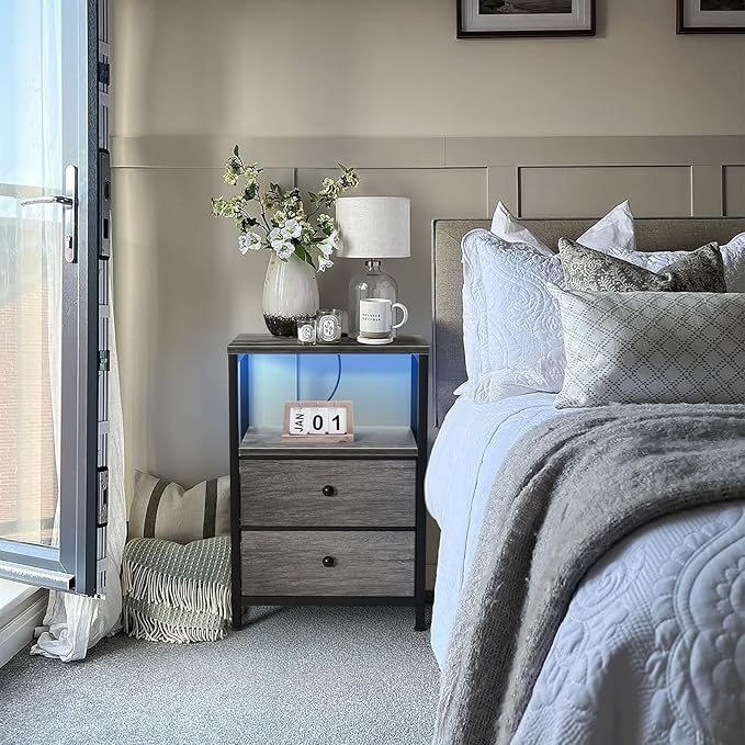 BOLUO Gray Nightstand with Charging Station, LED Night Stand with 2 Fabric Drawers, Bedside Table with USB Ports and Outlets, Nightstand for Bedroom Modern