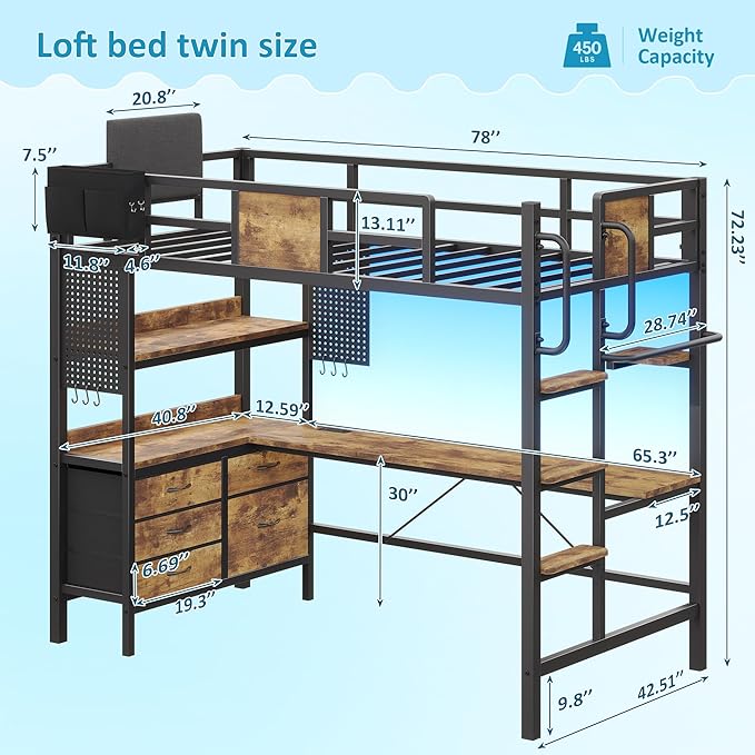 busyaeh Twin Loft Bed with Desk and Storage, Metal loft Bed with 5 Drawers and 2 Open Shelves, Heavy Duty Loft Bed Twin Size with LED Lights and Charging Station for Teens Adults, Vintage Brown