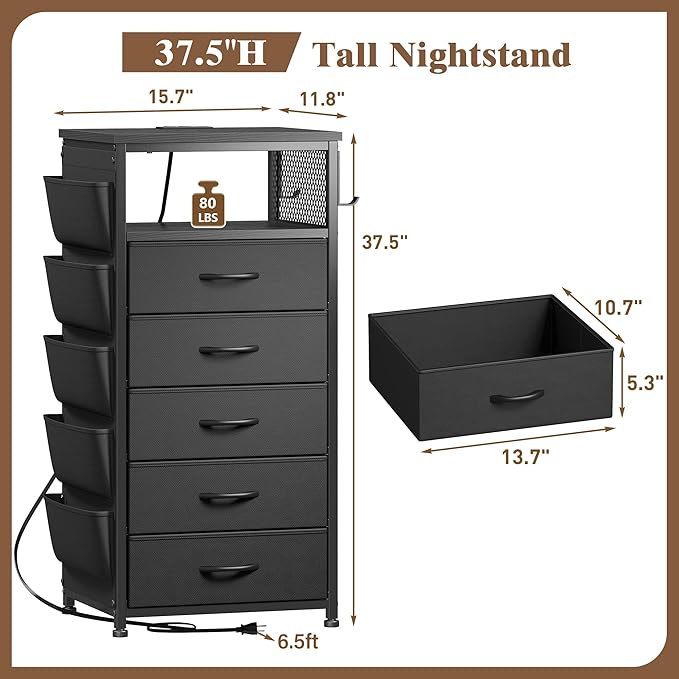 EnHomee Nightstands Set of 2 with 5 Drawers, Black Dresser with Charging Station and LED Light, Tall Nightstand with Extra Side Bag & Hooks, Bedroom, Closet, Hallway, Entryway, Black