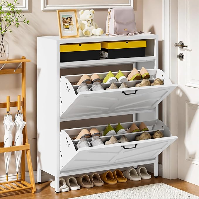 Metal Shoe Storage Cabinet with 2 Flip Drawers,White Shoe Organizer with Leg,Hidden Narrow Shoe Rack Cabinets Freestanding Farmhouse Slim Shoe Cabinet with Open Storage for Entryway Hallway Front Door