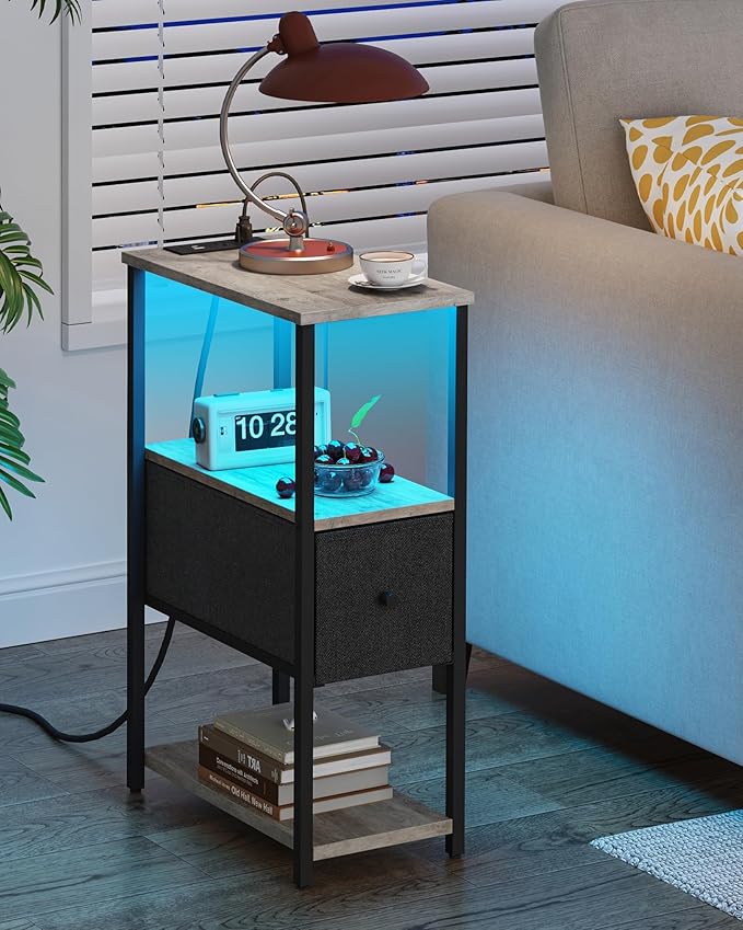 TUTOTAK Small Narrow LED End Table with Charging Station, Side Table Outlets, Nightstand with Cloth Drawer, Set of 2, Couch Table, for Living Room, Bedroom, Bedside, Greige TB01BG059