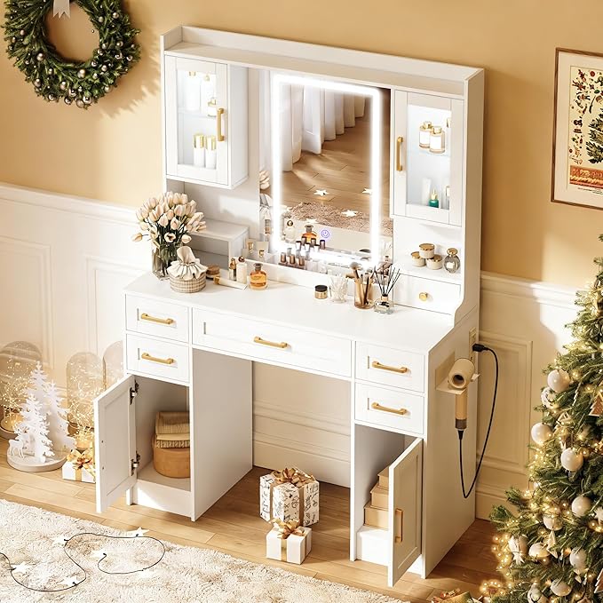KAMABOKO Vanity Desk with Mirror and LED Lights & Power Outlet, Large Makeup Vanity Table with 5 Drawers and 4 Storage Cabinets, White Dressing Table for Bedroom