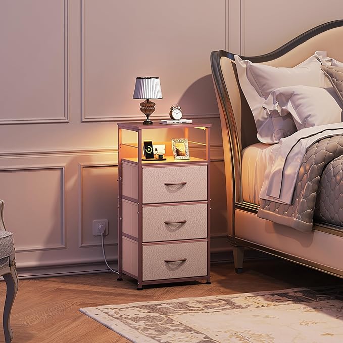 WLIVE Nightstand with Charging Station, 31.9" H Nightstand with 3 Fabric Drawers, LED Bedside Table with USB Ports and Outlets, End Table for Dorm, Bedroom, Entryway, Pink