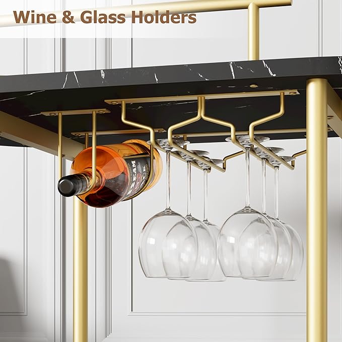GarveeHome 3-Tier Bar Cart on Wheels, Mobile Serving Cart with Wine Rack and Glass Holder, Metal Kitchen Utility Cart for Coffee Station, Mini Home Bar, Dining Room - Gold+Black