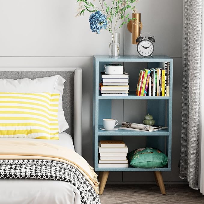 Aenuert Night Stand, Blue Nightstand, Modern End Table with Open Storage, 3-Tier Nursery Bedside Table for Small Space, Living Room, Bedroom