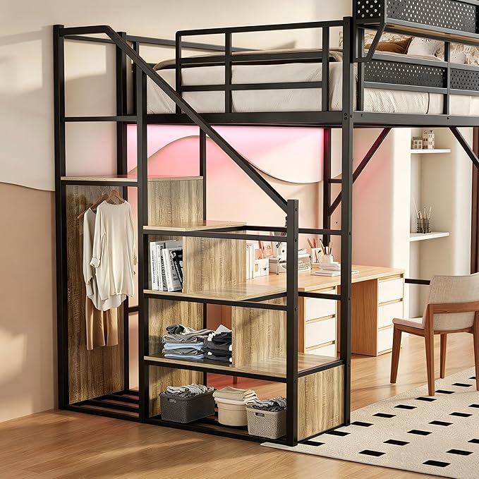 Queen Size Metal Loft Bed with LED Lights and USB Charging Port, Storage Shelf, Reversible Storage Stairs with Wardrobe, Heavy Duty Noise-Free Design, Large Under Bed, No Box Spring Needed