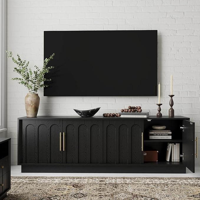 FORTUNETEC TV Stand for 75 Inch TV, 67" Entertainment Center with Arched Design, Minimalist Media Console with Adjustable Shelves, Modern TV Stand for Living Room Bedroom, Black