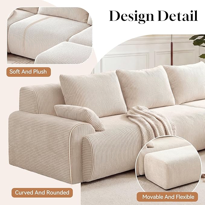 GRUSIGN 118'' Sectional Boneless Oversize Modular Couches, Curved Cloud Sectional Couches for Living Room,Rounded Corner Design L Shape Deep Seat Family Sofa with Ottoman & 3 Throw Pillows, Beige