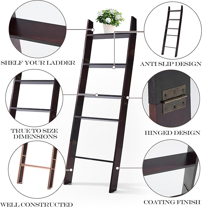 XUNIQUE 5-Tier Blanket Ladder for The Living Room, 4.8 FT Anti-Slip Decorative Ladder Shelf Leaning Quilt Rack, Lightweight, Easy Assemble, Wooden Blanket Rack (Brown)