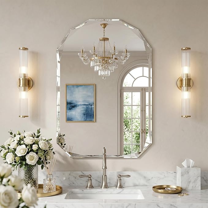 Suidia Bathroom Mirror, 26"x 38" Wall Mirror, Frameless Bathroom Mirror with Beveled Edge for Bedroom, Living Room, Entryway, Hallway, Arched Shape