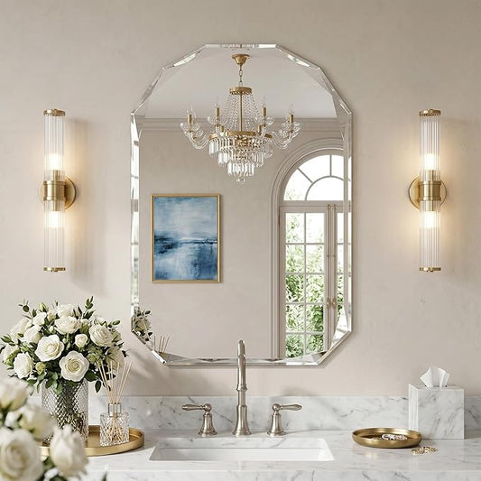 Suidia Bathroom Mirror, 26"x 38" Wall Mirror, Frameless Bathroom Mirror with Beveled Edge for Bedroom, Living Room, Entryway, Hallway, Arched Shape