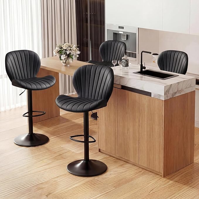 GRUSIGN Bar Stools Set of 4, Modern Swivel Adjustable Bar Chairs, Faux Leather Upholstered Counter Height Bar Stools with Backrest, Comfort Barstools for Kitchen Island, Home Bar, Black