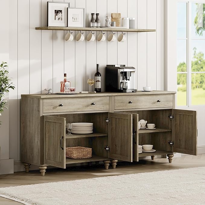 WAMAPT Buffet Cabinet with 4 Doors and 2 Drawers, Large Coffee Bar Table Wood Kitchen Storage Cabinets with Storage Cabinets, Modern Farmhouse Sideboard Credenza for Dining Room, Wash Grey, 68 inch