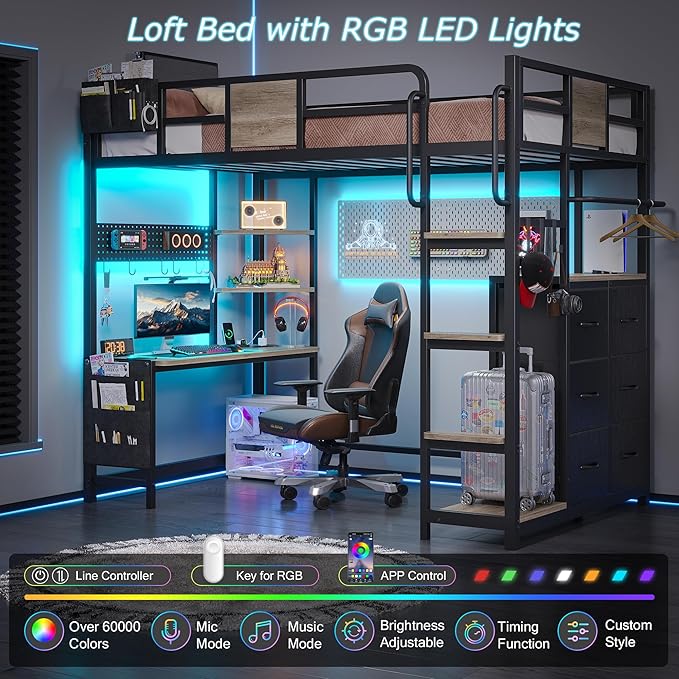 BYSAUD Loft Bed Twin Size, Loft Bed with Desk and 6 Storage Drawers, Twin Loft Beds with Charging Station and 4 Storage Shelves, Bunk Bed with Safety Guard & Ladder, No Box Spring Needed, Oak Gray