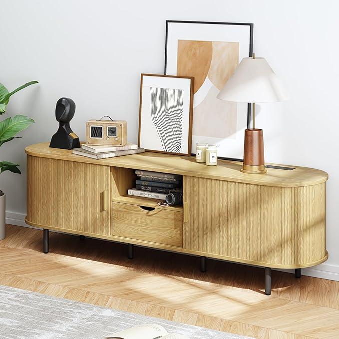 ONBRILL 69" TV Stand with Power Outlet for TVs up to 80", Entertainment Center with Storage and Drawer, TV Console with Adjustable Shelves and Sliding Door, TV Stand for Living Room, Bedroom, Oak